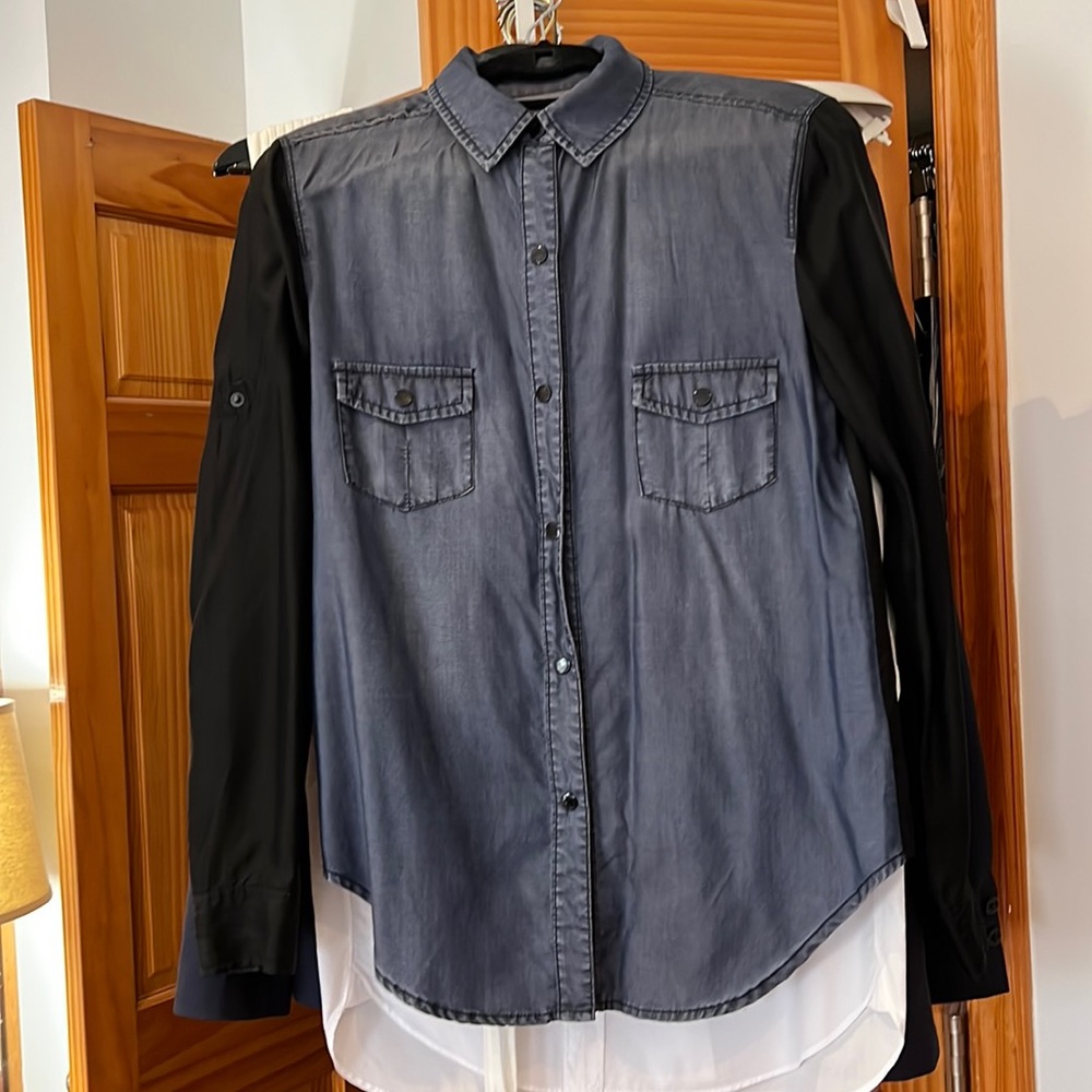 Blank denim button down with black silk sleeves / silk back